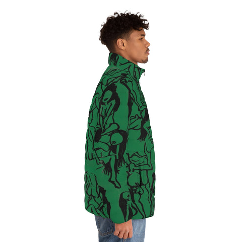 Green Nude Art Men's Jacket, Best Modern Minimalist Classic Artistic Premium Unique Fashion Regular Fit Polyester Men's Puffer Jacket With Stand Up Collar (US Size: S-2XL)