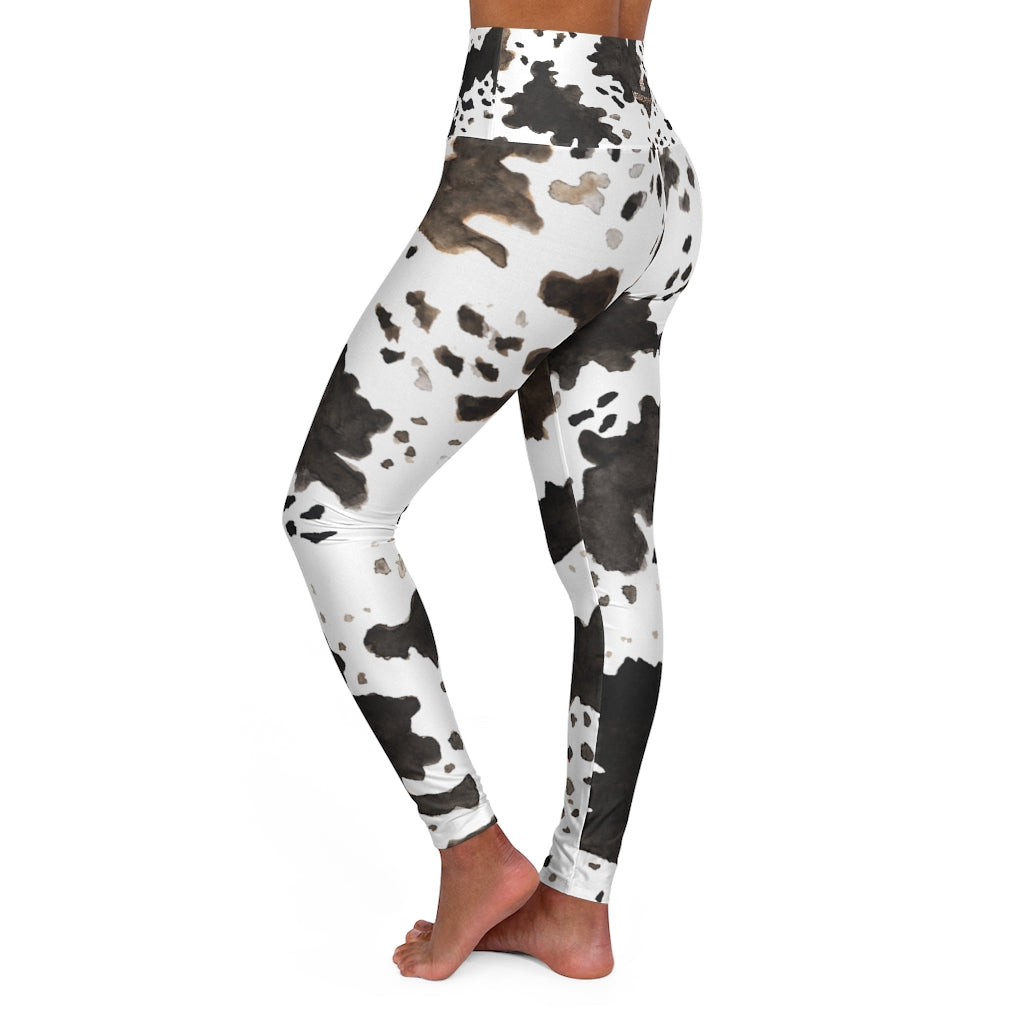 Brown Cow Print Yoga Leggings, Animal Print Women's Long Sports Tights-Made  in USA/EU/MX