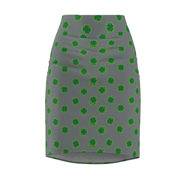 Medium Gray Green Clover Leaf Print St. Patrick's Day Women's Pencil Skirt- Made in USA-Pencil Skirt-Heidi Kimura Art LLC