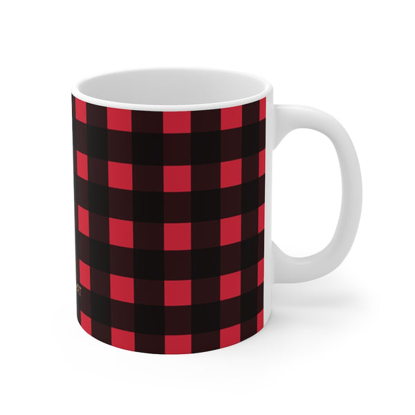 Red Buffalo Plaid Print Mug 11oz, Coffee Tea Ceramic Cup With Rounded Corners with C-Handle-Mug-Printify-11oz-Heidi Kimura Art LLC