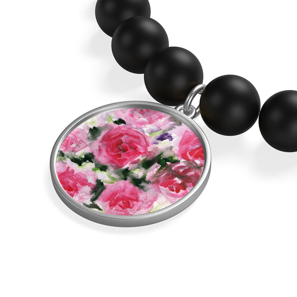 Pink Floral Rose Print Women's Elastic Silver/Gold Plated Matte Onyx Bracelet-Made in USA-Bracelet-Heidi Kimura Art LLC