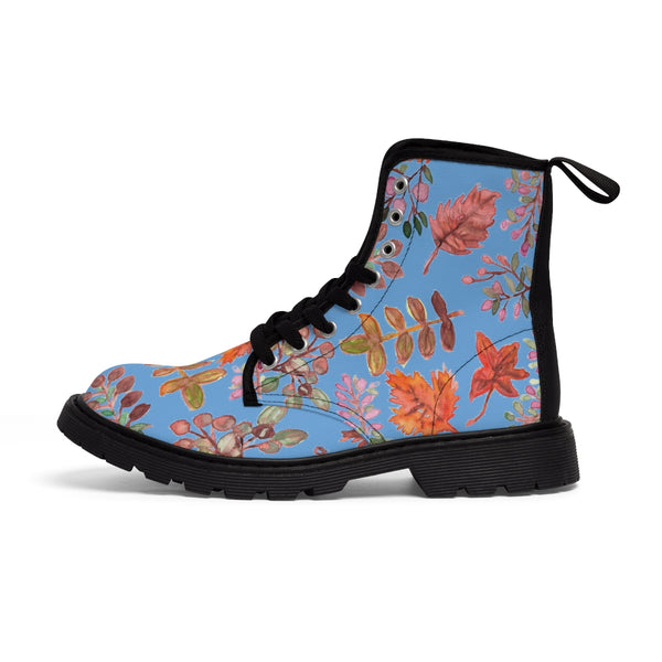 Pastel Blue Fall Women's Boots, Fall Leaves Print Women's Boots, Best Winter Boots For Women
