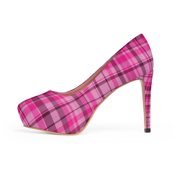 Pink Tartan Scottish Plaid Print Women's Platform Heels Stiletto Pumps (US Size: 5-11)-4 inch Heels-Heidi Kimura Art LLC