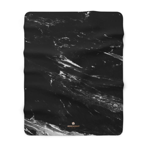 Black Marble Print Fleece Blanket, Designer Cozy Sherpa Fleece Blanket-Made in USA-Blanket-60" x 80"-Heidi Kimura Art LLC