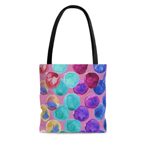 Pink Watercolor Dots Tote Bag, Abstract Watercolor Dotted Print Designer Colorful Square 13"x13", 16"x16", 18"x18" Premium Quality Market Tote Bag - Made in USA