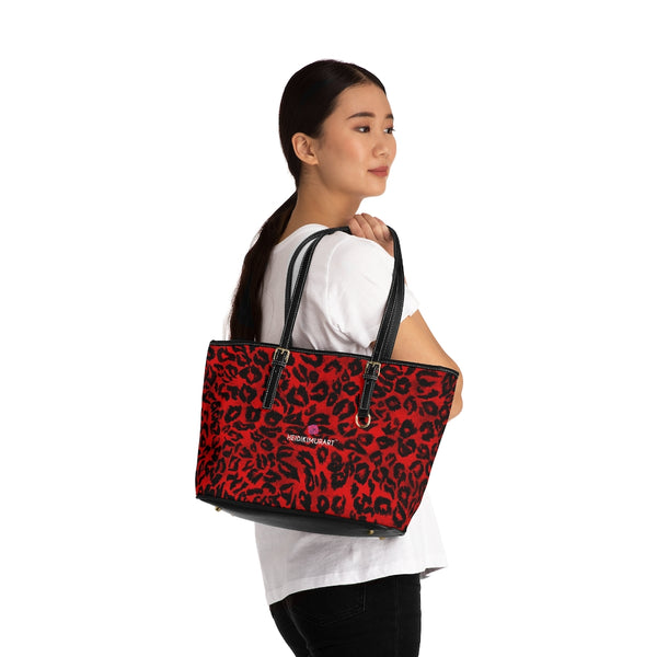 Red Leopard Print Tote Bag, Best Stylish Leopard Animal Printed PU Leather Shoulder Large Spacious Durable Hand Work Bag 17"x11"/ 16"x10" With Gold-Color Zippers & Buckles & Mobile Phone Slots & Inner Pockets, All Day Large Tote Luxury Best Sleek and Sophisticated Cute Work Shoulder Bag For Women With Outside And Inner Zippers