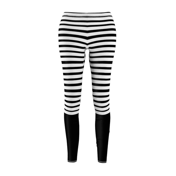 Black Striped Women's Casual Leggings, White Stripes Fancy Tights-All Over Prints-Printify-White Seams-M-Heidi Kimura Art LLC