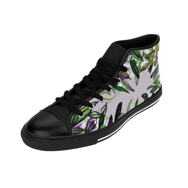 Light Gray Green Tropical Leaf Print Designer Men's High-top Sneakers Tennis Shoes-Men's High Top Sneakers-Heidi Kimura Art LLC