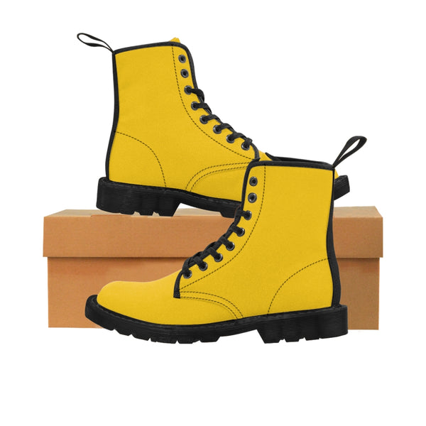 Yellow Women's Canvas Boots, Solid Color Modern Essential Winter Boots For Ladies-Shoes-Printify-Black-US 8.5-Heidi Kimura Art LLC Yellow Women's Canvas Boots, Solid Color Modern Essential Casual Fashion Hiking Boots, Cavnas Hiker's Shoes For Mountain Lovers, Stylish Premium Combat Boots, Designer Women's Winter Lace-up Toe Cap Hiking Boots Shoes For Women (US Size 6.5-11)
