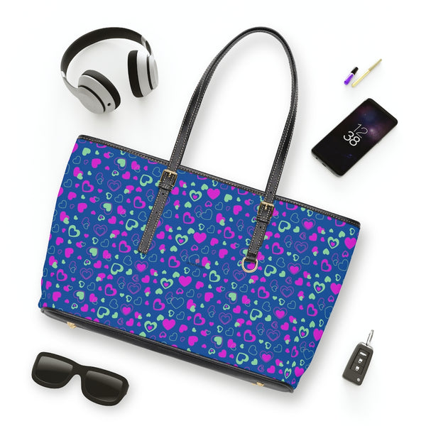 Blue Hearts Print Tote Bag, PU Leather Shoulder Hand Work Bag