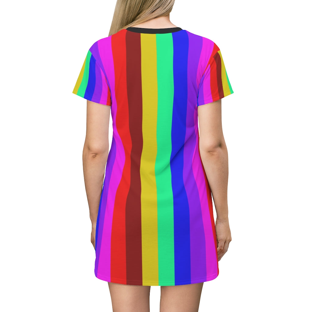Rainbow Striped T-Shirt Dress, Gay Pride Vertical Striped Women's Crew Neck Dress - Made in USA | Heidikimurart Limited Rainbow Striped T-Shirt Dress, Gay Pride Vertical Striped Women's Crew Neck Dress - Made in USA | Heidikimurart Limited