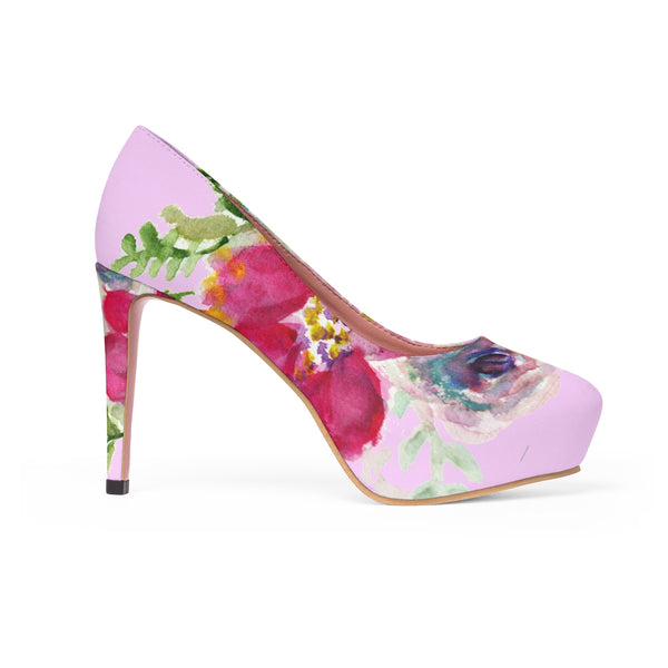 Pink Red Spring Floral Print Women's Designer 4" Platform Pumps High Heels Shoes-4 inch Heels-Heidi Kimura Art LLC