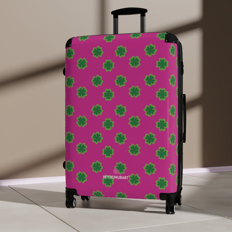 Hot Pink Clover Print Suitcases, Irish Style St. Patrick's Day Holiday Designer Suitcase Luggage (Small, Medium, Large) Unique Cute Spacious Versatile and Lightweight Carry-On or Checked In Suitcase, Best Personal Superior Designer Adult's Travel Bag Custom Luggage - Gift For Him or Her - Made in USA/ UK