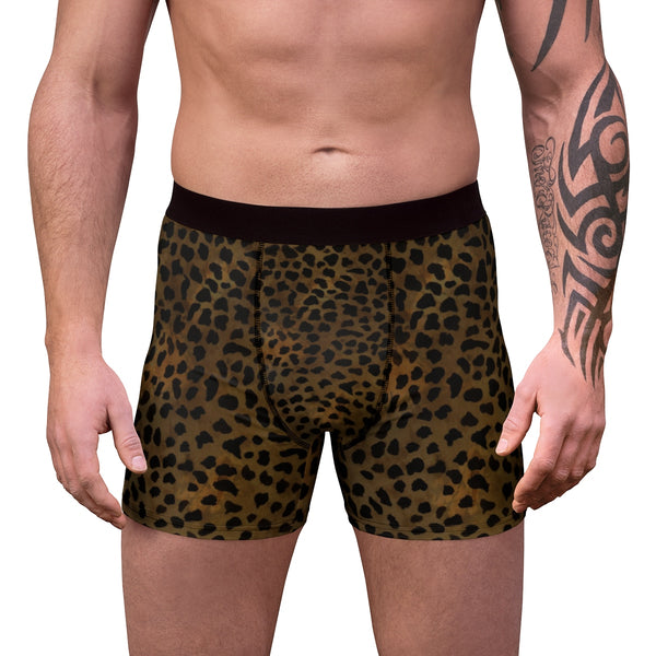 Brown Sexy Leopard Animal Print Premium Men's Boxer Briefs Underwear-Men's Underwear-L-Black Seams-Heidi Kimura Art LLC