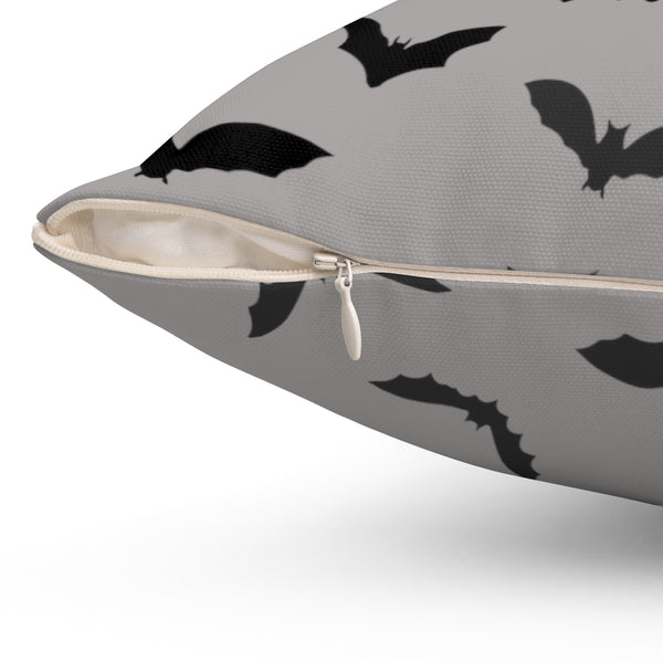 Gray Black Bats Print Spooky Halloween Pillow Spun Polyester Square Pillow- Made in USA-Pillow-Heidi Kimura Art LLC
