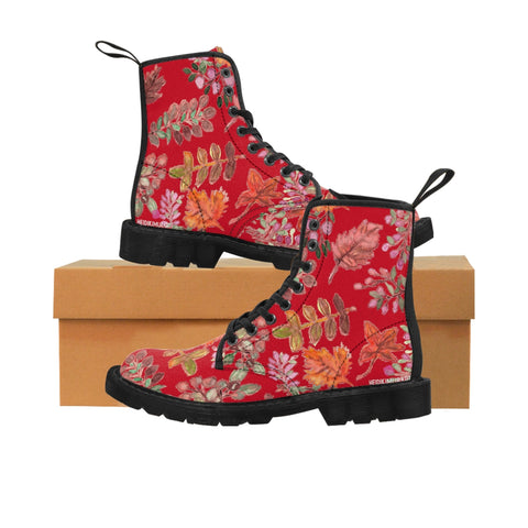 Red Fall Leaves Print Women's Boots, Red Autumn Fall Leaves Print Women's Boots, Combat Boots, Designer Women's Winter Lace-up Toe Cap Hiking Boots Shoes For Women (US Size 6.5-11) Fall Leaves Fashion Canvas Shoes, Fall Leaves Print Winter Boots, Autumn Leaves Printed Boots For Ladies, Colorful Boots For Women