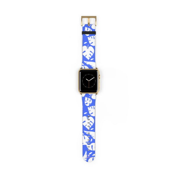 Blue White Tropical Leaf Print 38mm/42mm Watch Band For Apple Watch- Made in USA-Watch Band-42 mm-Gold Matte-Heidi Kimura Art LLC