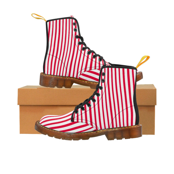 Red Striped Print Men's Boots, White Red Stripes Best Hiking Winter Boots Laced Up Shoes For Men-Shoes-Printify-Brown-US 8-Heidi Kimura Art LLC