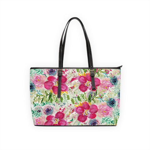 Pink Floral Rose Tote Bag, Flower Print Best Stylish Flower Printed PU Leather Shoulder Large Spacious Durable Hand Work Bag 17"x11"/ 16"x10" With Gold-Color Zippers & Buckles & Mobile Phone Slots & Inner Pockets, All Day Large Tote Luxury Best Sleek and Sophisticated Cute Work Shoulder Bag For Women With Outside And Inner Zippers