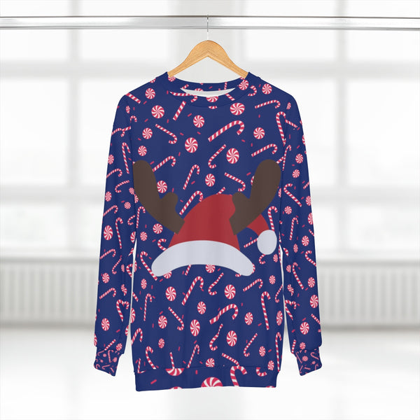 Dark Blue Red Candy Cane Christmas Holiday Crewneck Unisex Sweatshirt - Made in USA-Unisex Sweatshirt-Heidi Kimura Art LLC