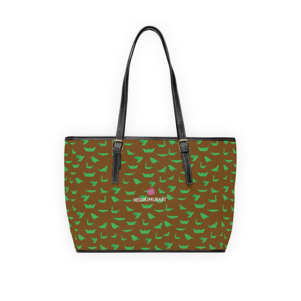 Brown Crane Print Tote Bag, Best Stylish Fashionable Printed PU Leather Shoulder Large Spacious Durable Hand Work Bag 17"x11"/ 16"x10" With Gold-Color Zippers & Buckles & Mobile Phone Slots & Inner Pockets, All Day Large Tote Luxury Best Sleek and Sophisticated Cute Work Shoulder Bag For Women With Outside And Inner Zippers