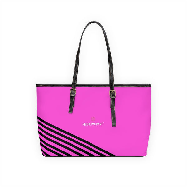 Pink Black Striped Tote Bag, Best Stylish Pink and Black Striped PU Leather Shoulder Large Spacious Durable Hand Work Bag 17"x11"/ 16"x10" With Gold-Color Zippers & Buckles & Mobile Phone Slots & Inner Pockets, All Day Large Tote Luxury Best Sleek and Sophisticated Cute Work Shoulder Bag For Women With Outside And Inner Zippers