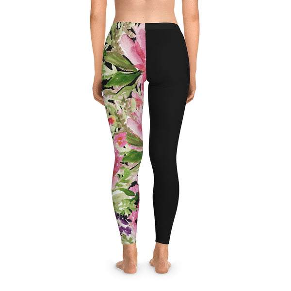Pink Rose Women's Stretchy Leggings, Pink Floral and Black&nbsp;Best Designer Comfy Women's Fancy Dressy Cut &amp; Sew Casual Leggings - Made in USA (US Size: XS-2XL)&nbsp;Casual Leggings For Women For Sale, Fashion Leggings, Leggings Plus Size, Mid-Waist Fit Tights&nbsp;