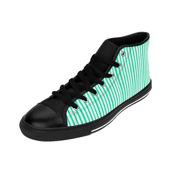 Turquoise Striped Men's Tennis Shoes,High-top Sneakers, Blue Stripes Running Shoes-Shoes-Printify-Heidi Kimura Art LLC Blue Striped Men's High-top Sneakers, Turquoise Blue White Modern Stripes Men's High Tops, High Top Striped Sneakers, Striped Casual Men's High Top For Sale, Fashionable Designer Men's Fashion High Top Sneakers, Tennis Running Shoes (US Size: 6-14)