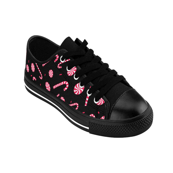 Black Red White Candy Cane Christmas Print Men's Low Top Sneakers Shoes(US Size: 14)-Men's Low Top Sneakers-Heidi Kimura Art LLC