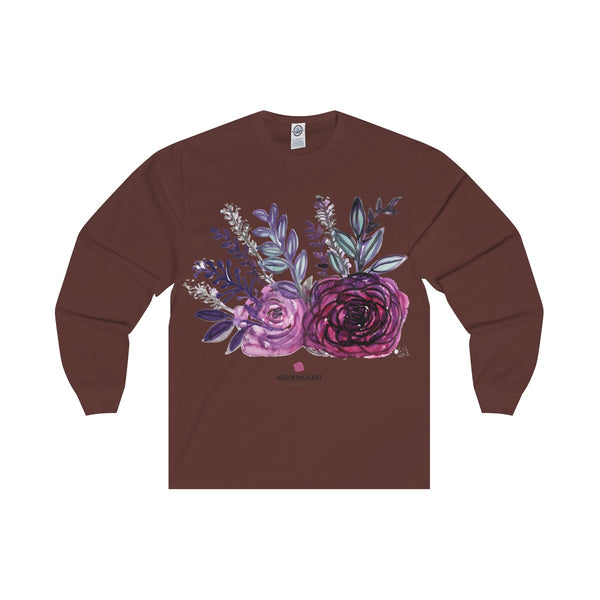 Rose Floral Print Premium Women's Designer Long Sleeve Tee - Made in USA-Long-sleeve-Maroon-S-Heidi Kimura Art LLC
