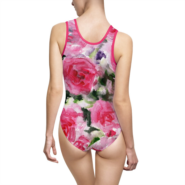 Pink Rose Floral Print Designer Women's Classic One-Piece Swimsuit Sportswear-One-piece swimwear-Heidi Kimura Art LLC