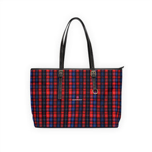 Red Plaid Print Tote Bag, PU Leather Shoulder Hand Work Bag