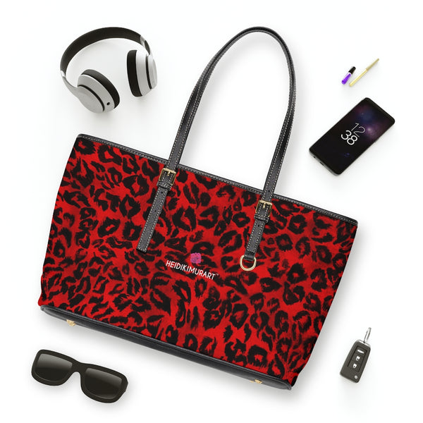 Red Leopard Print Tote Bag, Best Stylish Leopard Animal Printed PU Leather Shoulder Large Spacious Durable Hand Work Bag 17"x11"/ 16"x10" With Gold-Color Zippers & Buckles & Mobile Phone Slots & Inner Pockets, All Day Large Tote Luxury Best Sleek and Sophisticated Cute Work Shoulder Bag For Women With Outside And Inner Zippers