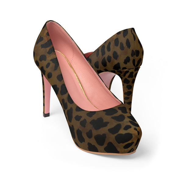 Brown Leopard Animal Print Stylish Canvas Women's 4 inch Platform Heels Stilettos-4 inch Heels-Heidi Kimura Art LLC