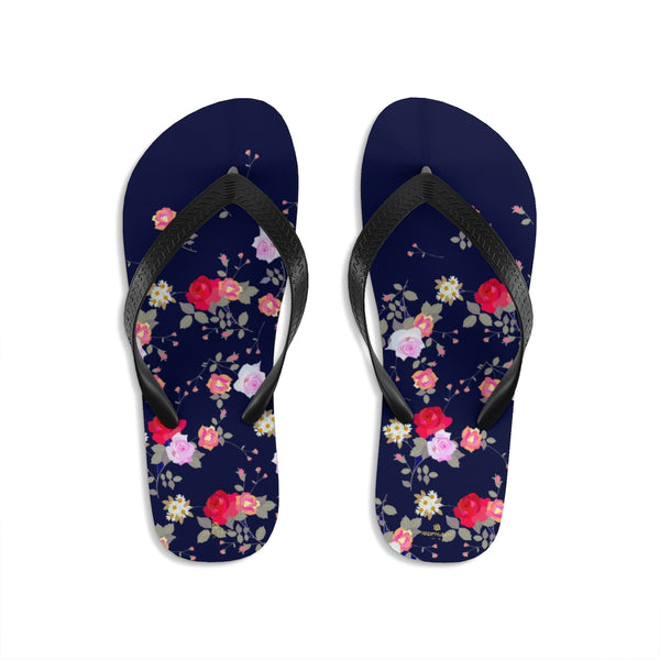 Navy Blue Floral Rose Print Unisex Flip-Flops Beach Pool Cute Sandals- Made in USA-Flip-Flops-Large-Heidi Kimura Art LLC