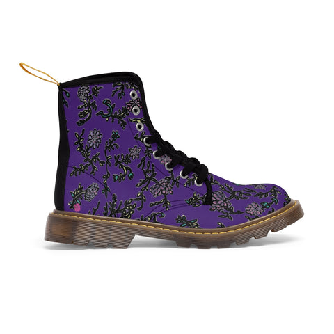 Dark Purple Floral Women's Boots, Purple Floral Women's Boots, Flower Print Elegant Feminine Casual Fashion Gifts, Flower Rose Print Shoes For Flower Lovers, Combat Boots, Designer Women's Winter Lace-up Toe Cap Hiking Boots Shoes For Women (US Size 6.5-11) Best Floral Boots, Floral Boots Womens, Vintage Style Floral Boots 