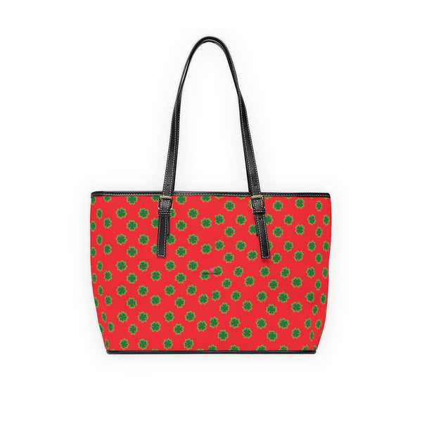 Red Green Clover Tote Bag, PU Leather Shoulder Hand Work Bag