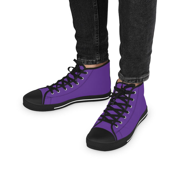 Dark Purple Men's High Tops, Dark Purple Modern Minimalist Solid Color Best Men's High Top Laced Up Black or White Style Breathable Fashion Canvas Sneakers Tennis Athletic Style Shoes For Men (US Size: 5-14)