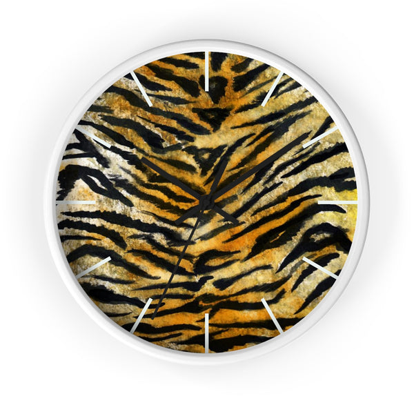 Stylish Tiger Stripe Faux Fur Pattern Animal Print 10" Diameter Wall Clock - Made in USA-Wall Clock-White-Black-Heidi Kimura Art LLC