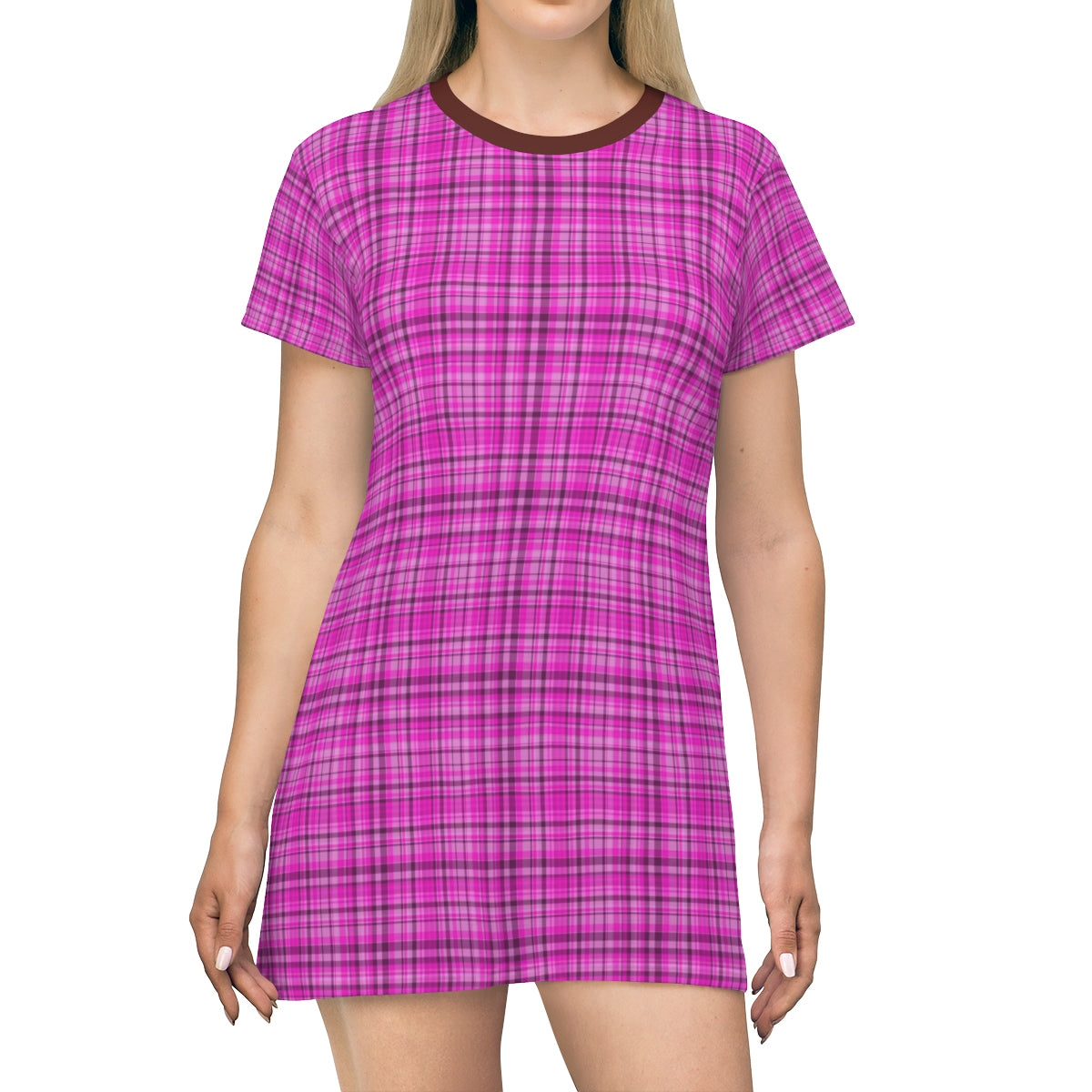 Pink Plaid Tartan Print Designer Crew Neck Long T-shirt Dress-Made in USA-T-Shirt Dress-L-Heidi Kimura Art LLC