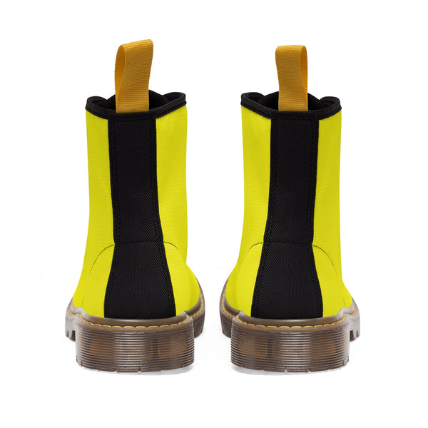 Bright Lemon Yellow Solid Color Print Men's Canvas Winter Laced Up Boots Shoes-Men's Boots-Heidi Kimura Art LLC