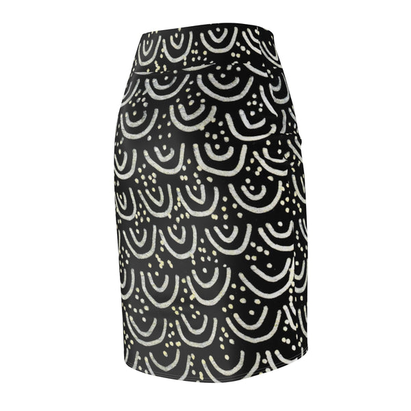 Black Mermaid Print Women's Pencil Skirt, Designer Office Skirt For Women - Made in USA-Pencil Skirt-Heidi Kimura Art LLC