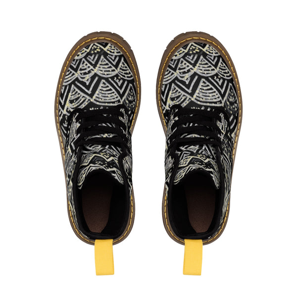 Black Geometric Men's Winter Boots, Designer Anti Heat/Moisture Men's Canvas Boots-Men's Boots-Heidi Kimura Art LLC