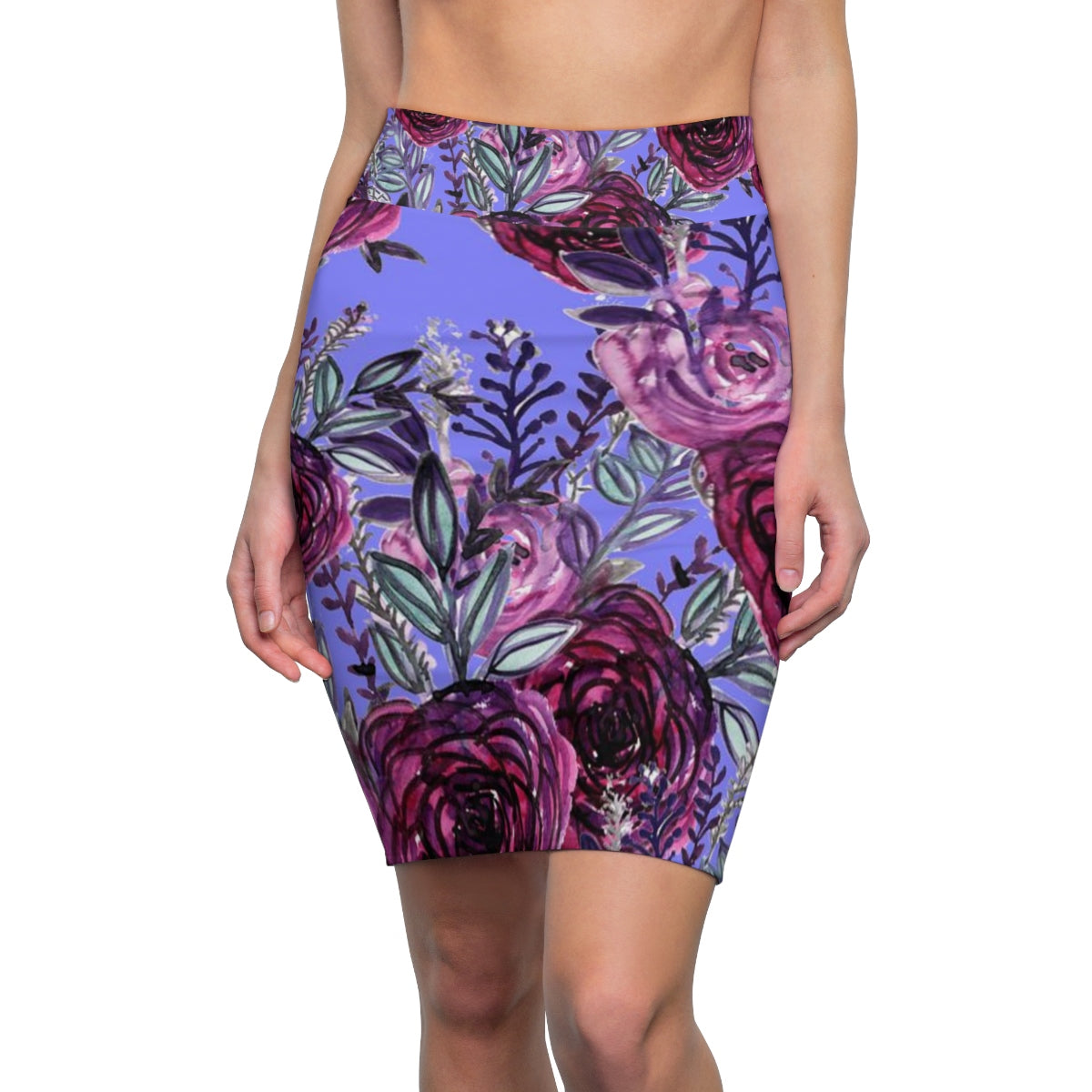 Purple Pink Rose Floral Print Designer Women's Pencil Skirt-Made in USA (US Size: XS-2XL)-Pencil Skirt-L-4 oz.-Heidi Kimura Art LLC