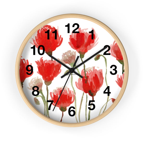 Red Poppy Floral Wall Clock,  Best Numeric Floral 10 inch Diameter Flower Wall Clock-Made in USA, Large Round Wood Girl Children Bedroom Wall Clock