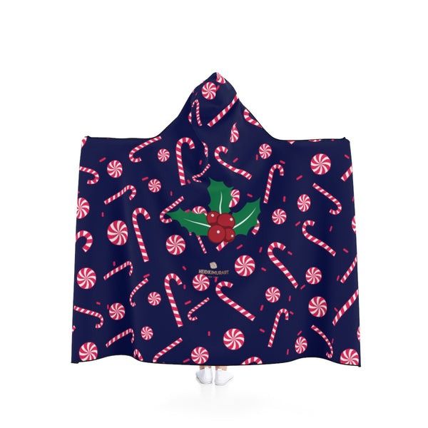 Navy Blue Lightweight Christmas Red Sugar Cane Holiday Party Hooded Blanket-Hooded Blanket-50x40-Heidi Kimura Art LLC