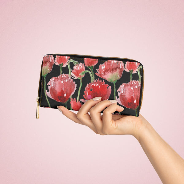 Black Red Tulips Zipper Wallet, Colorful Red Tulips Flower Print Best Long Compact Cruelty Free Faux Leather High Quality Cardholders Wallet For Women, One Size 7.9"x4.3"x.98"