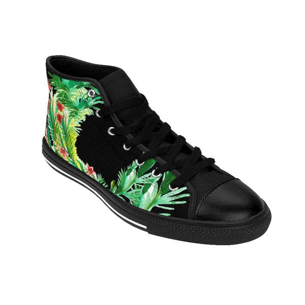 Black Red Fall Floral Print Designer Men's High-top Sneakers Running Tennis Shoes-Men's High Top Sneakers-Heidi Kimura Art LLC