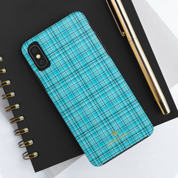 Blue Plaid Print Phone Case, Tartan Print Case Mate Tough Phone Cases-Made in USA - Heidikimurart Limited 