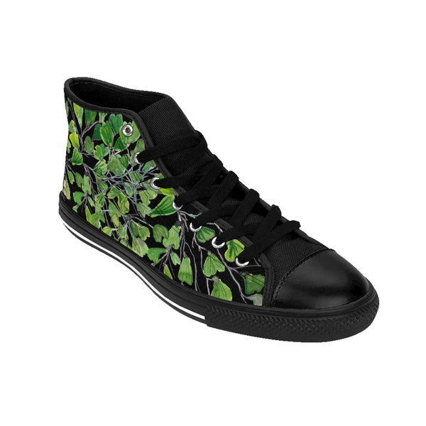 Black Fern Men's High-top Sneakers, Green Cute Maidenhair Leaf Print Designer Men's High-top Sneakers Running Tennis Shoes, Fern Leaves Designer High Tops, Mens Floral Shoes, Tropical Leaf Print Sneakers (US Size: 6-14)